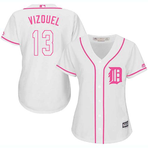 Tigers #13 Omar Vizquel White/Pink Fashion Women's Stitched MLB Jersey - Click Image to Close